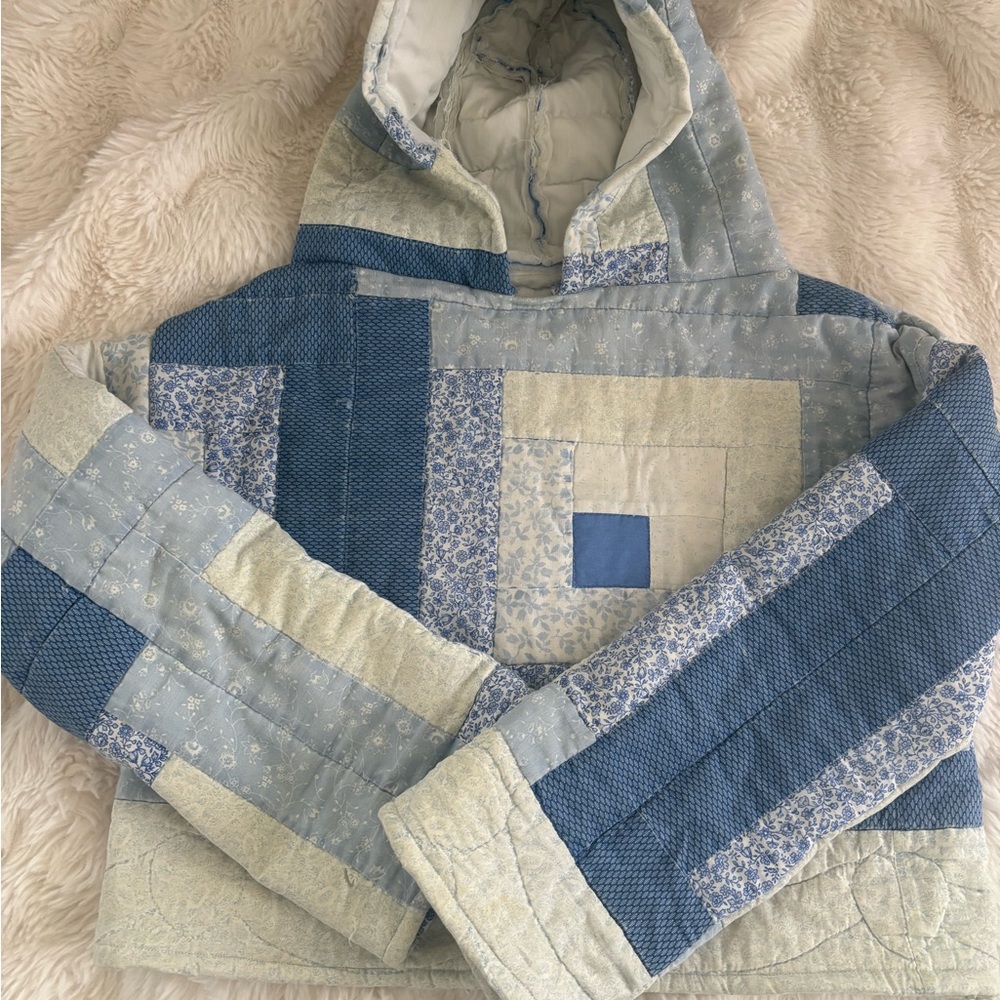 Patchwork Quilted Hoodie in Blue and Cream